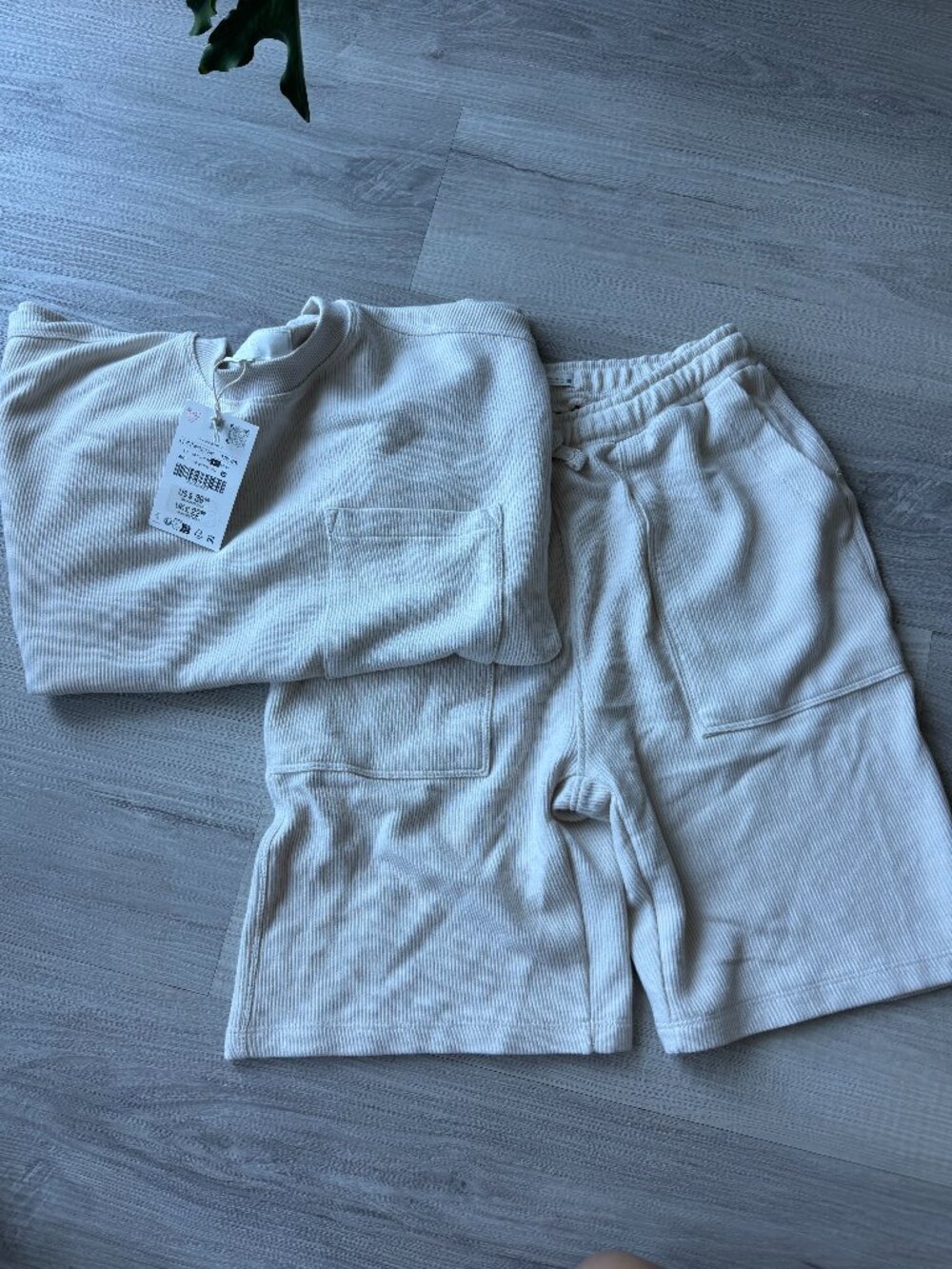ZARA Waffle Knit Matching Set NWT Cream Pocket Tee & Shorts Size 11-12Y
